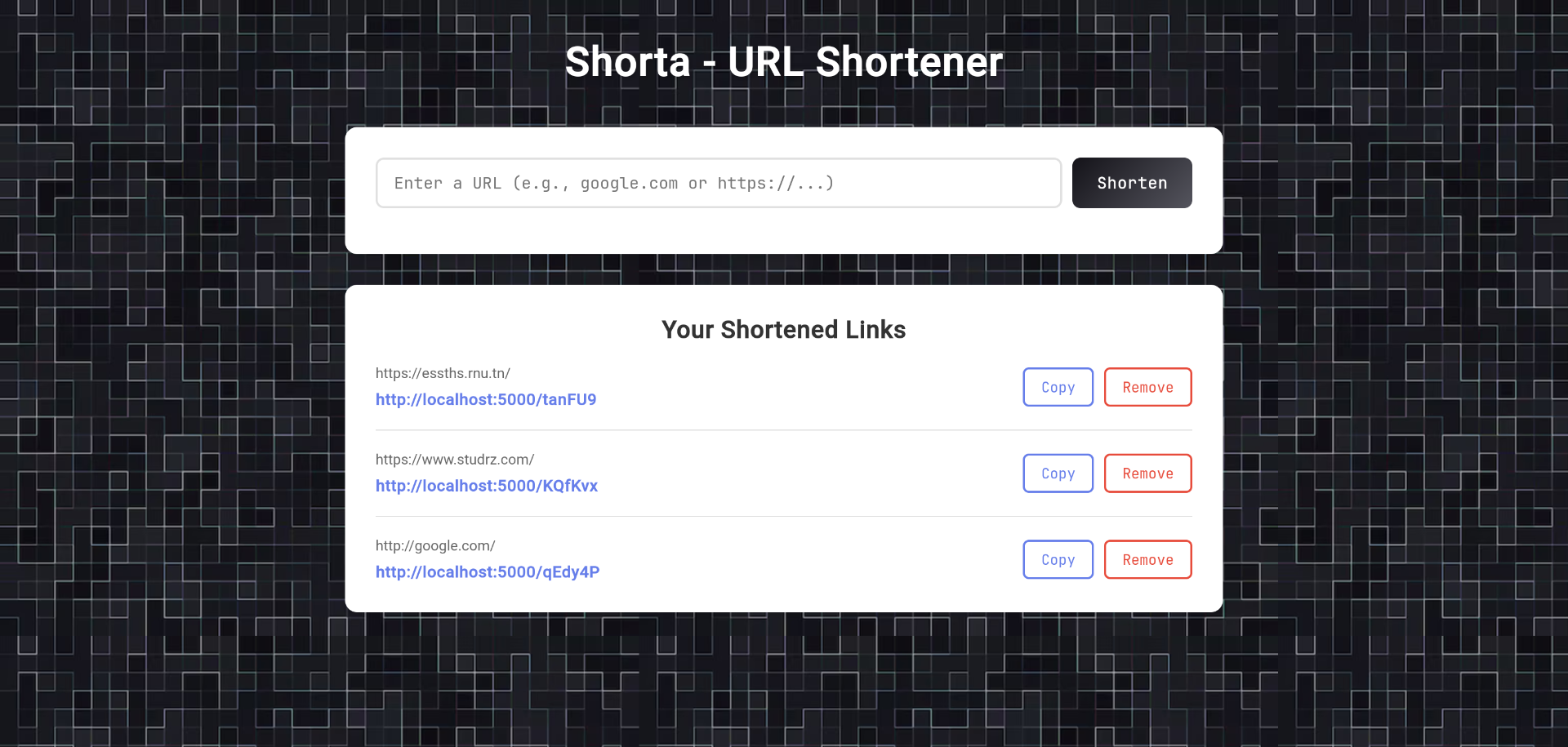 Shorta URL Shortener Dashboard